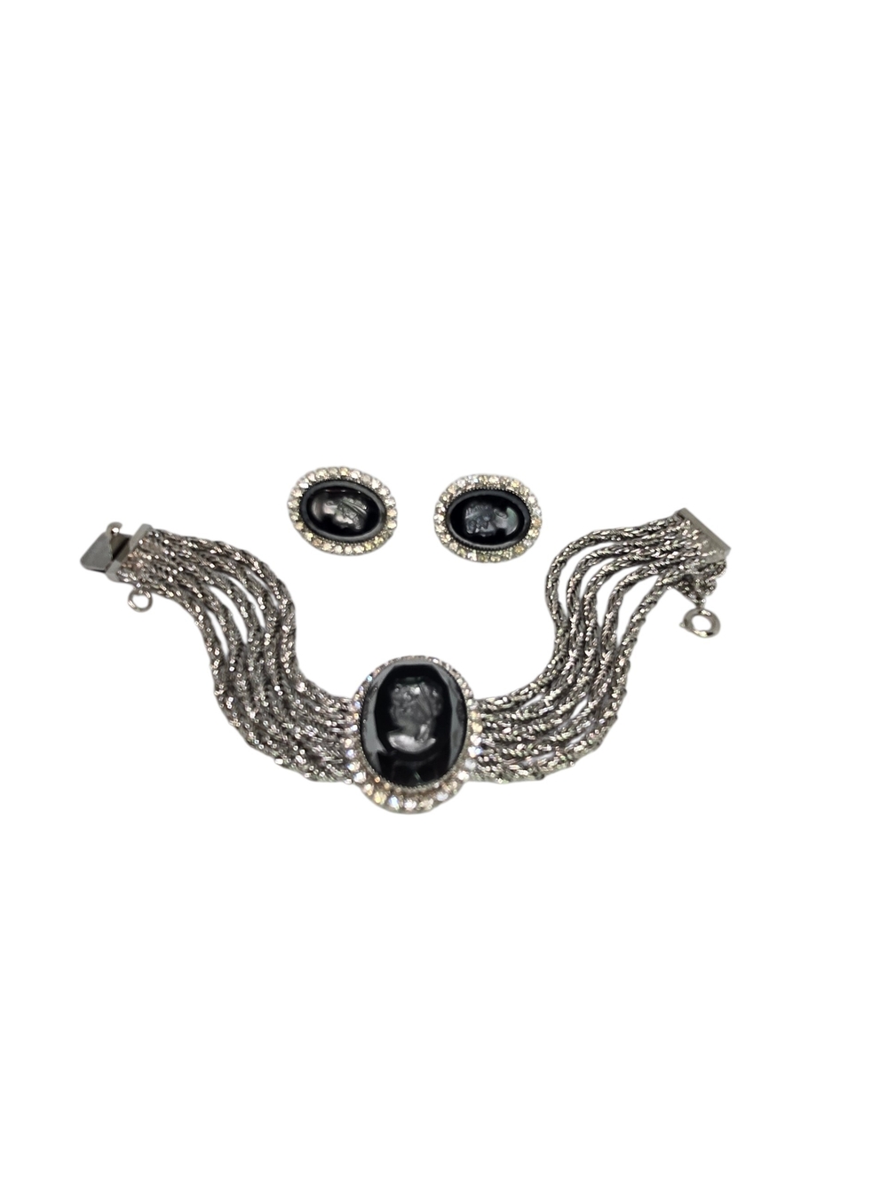 Black Cameo Multi-Strand Bracelet with Matching Clip ON Earrings Set